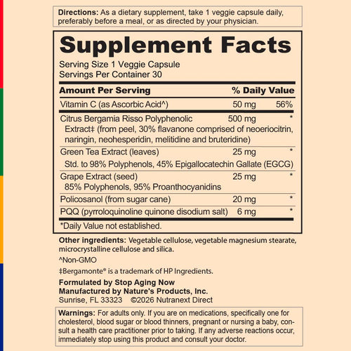 View 2 Label for Cholesterol 360 ULTRA with PQQ, showing supplement facts for 30 vegetarian capsules.
