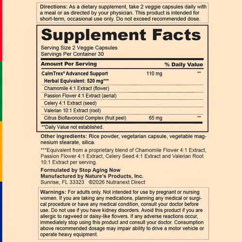View 2 Supplement Facts panel for SA CalmTrex ULTRA Stress Support, containing 60 capsules.