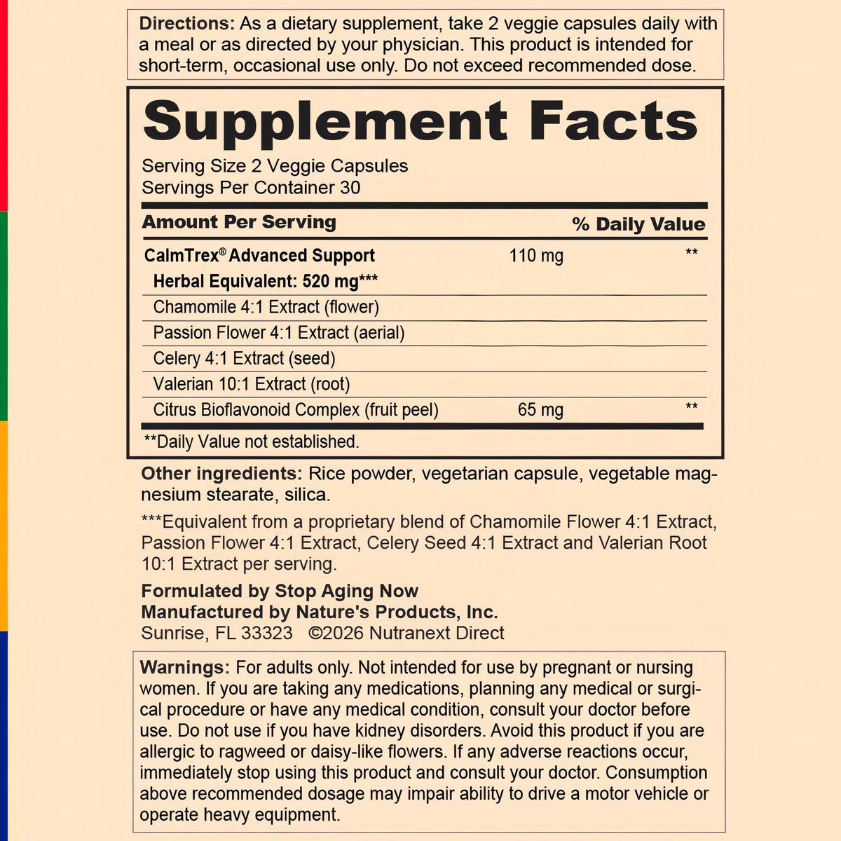 Supplement Facts panel for SA CalmTrex ULTRA Stress Support, containing 60 capsules.