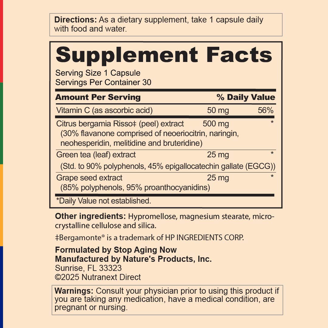 Label showing Supplement Facts for Cholesterol 360 Formula, 90 Veg Capsules.