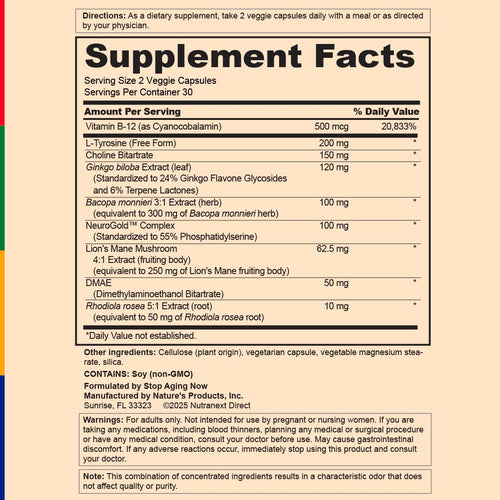 View 3 Label showing Supplement Facts for SA Brain Energizer Complex, 60 vegetarian capsules.