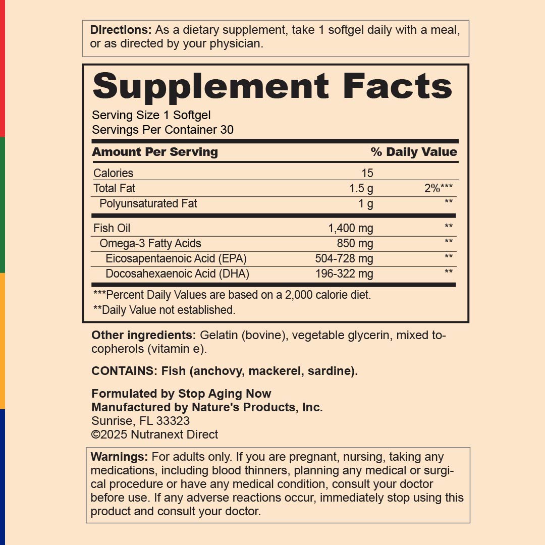 Supplement Facts panel for SA Omega Ultimate Shield with details for 30 softgels.