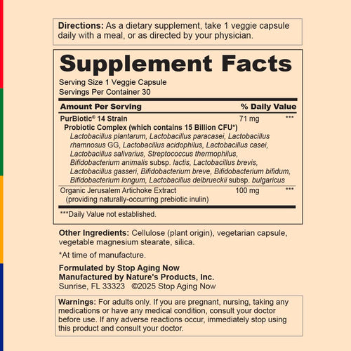 View 3 Supplement Facts panel for SA PurBiotic containing 15 Billion CFU in 30 vegetarian capsules.