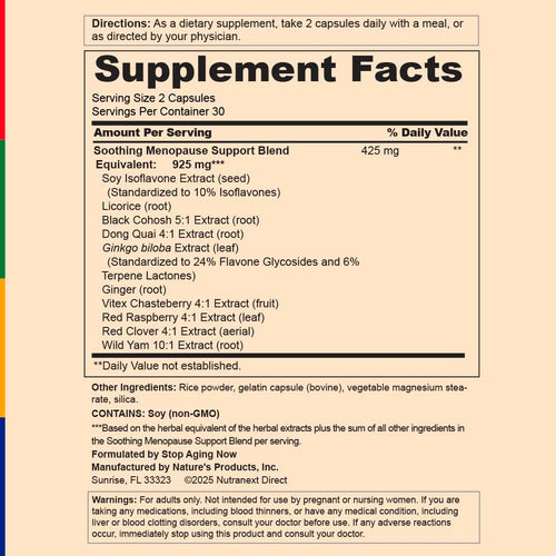View 2 Supplement facts label for a Soothing Menopause Support Blend with detailed ingredient list and directions.