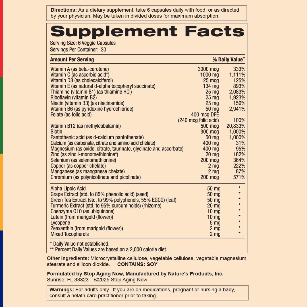 Nutrition label for Multi 360 Advanced, showing details for 180 capsules.