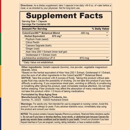 View 3 Detailed Supplement Facts panel for ColonCare 360 Complex 60 Veg Capsules.