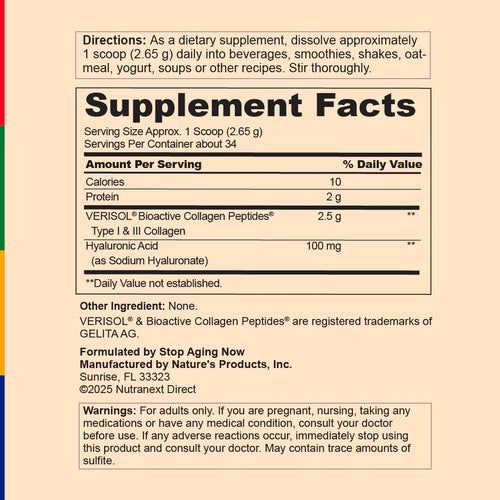 View 2 Supplement Facts for SA Collagen360 Complex 120 gm Powder.