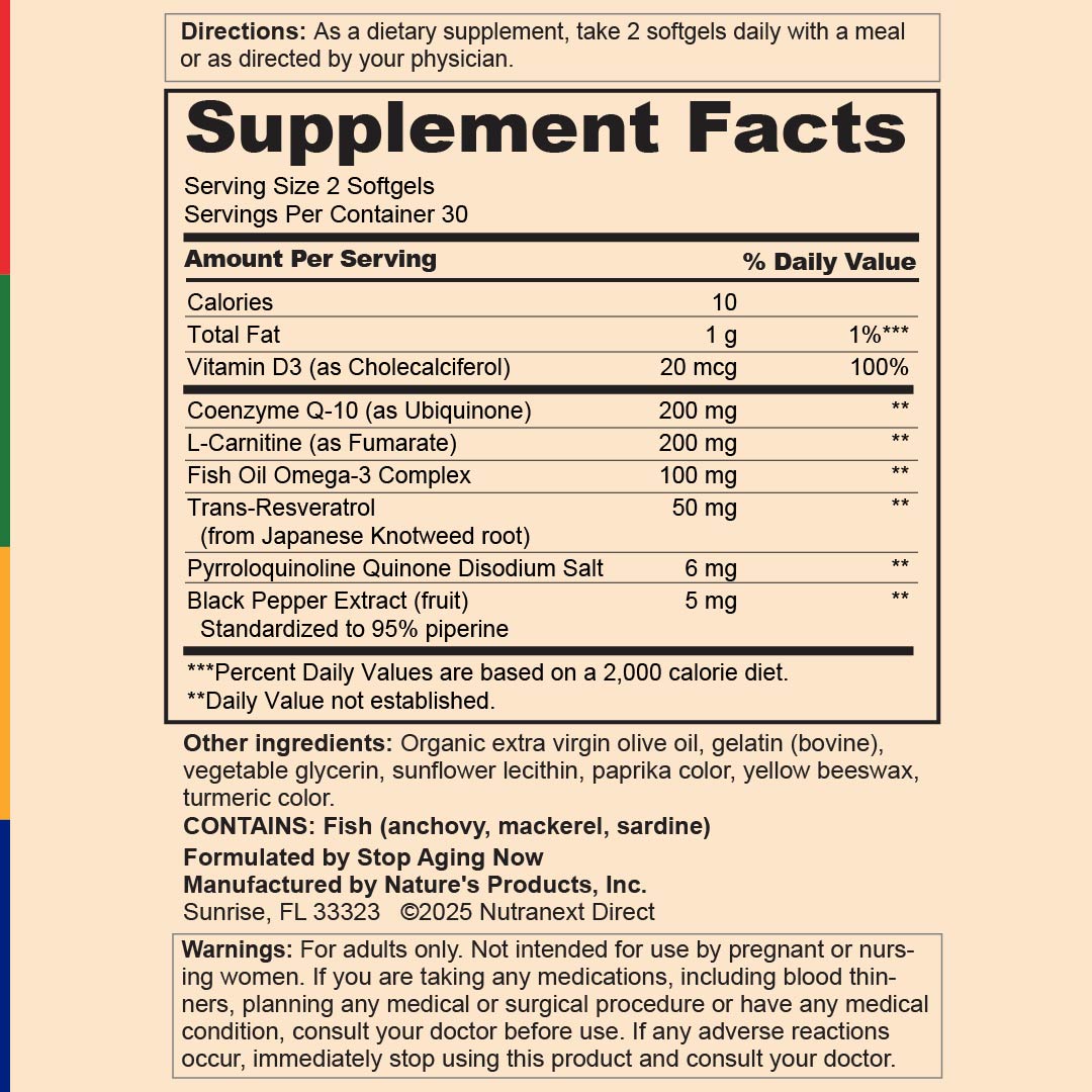 Supplement Facts panel for MAX-Q10 ULTRA PQQ CoQ10 Complex, showcasing ingredients and nutritional values.