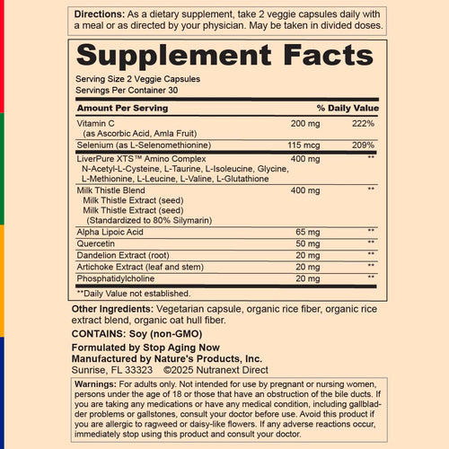 View 2 Supplement Facts label for SA Liverpure XTS, 60 Veg Capsules.