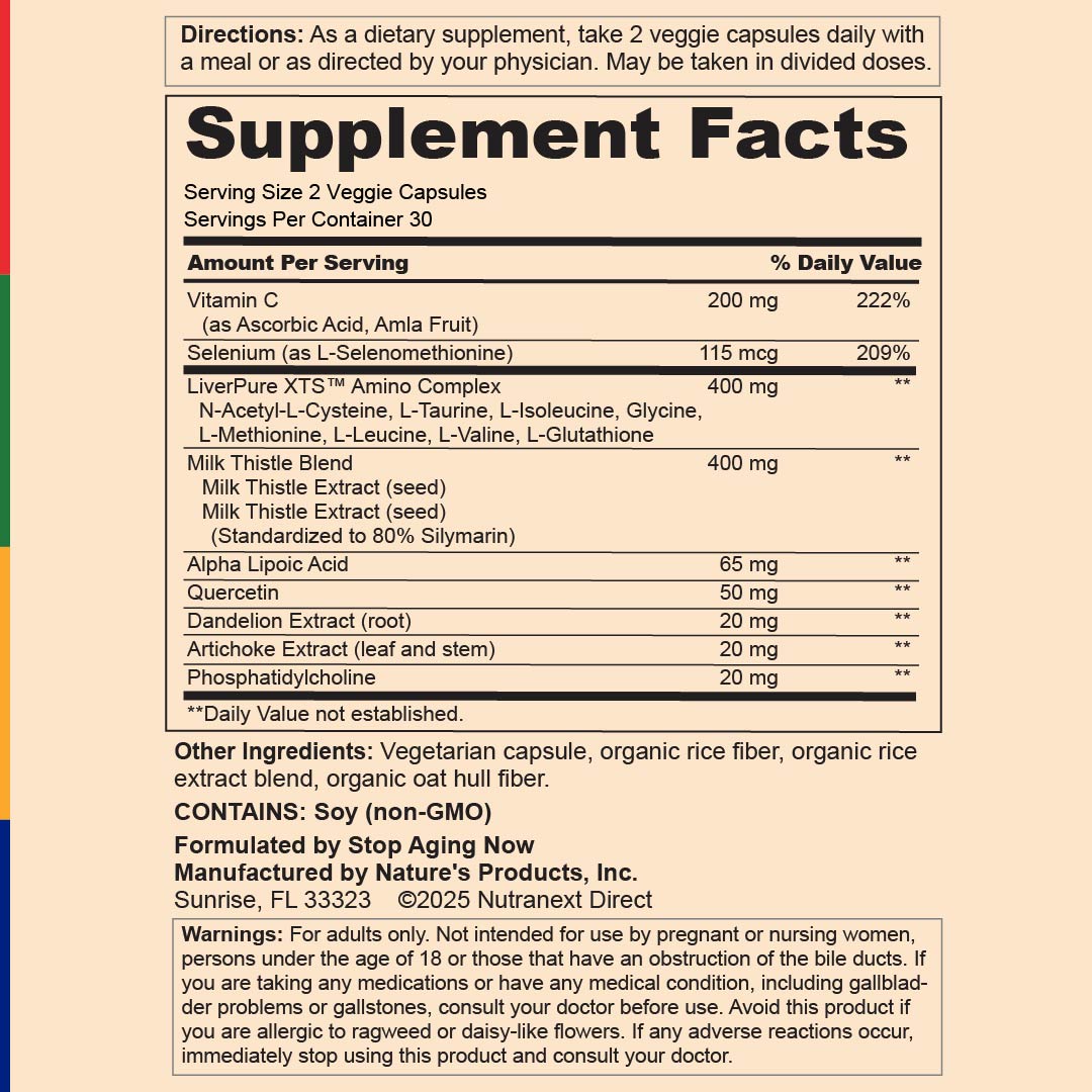 Supplement Facts label for SA Liverpure XTS, 60 Veg Capsules.