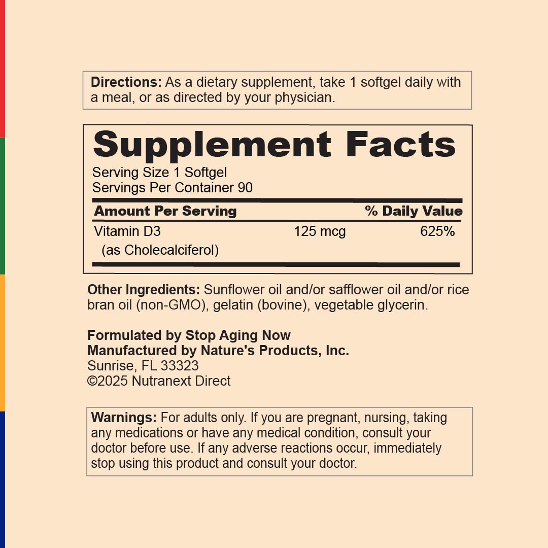 Supplement Facts for SA D-Pure Formula 125 MCG, 90 Softgels displayed.