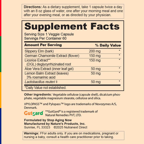 View 2 The Supplement Facts panel for AcidRelief 360ULTRA + Probiotics, 60 vegetarian capsules.