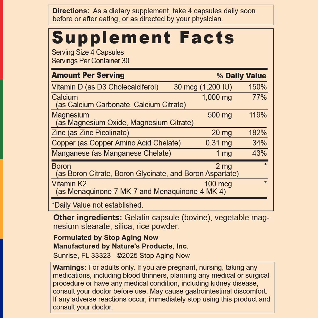 Supplement Facts panel displaying details for SA BoneTrex Complex with Calcium, available in 120 Capsules.