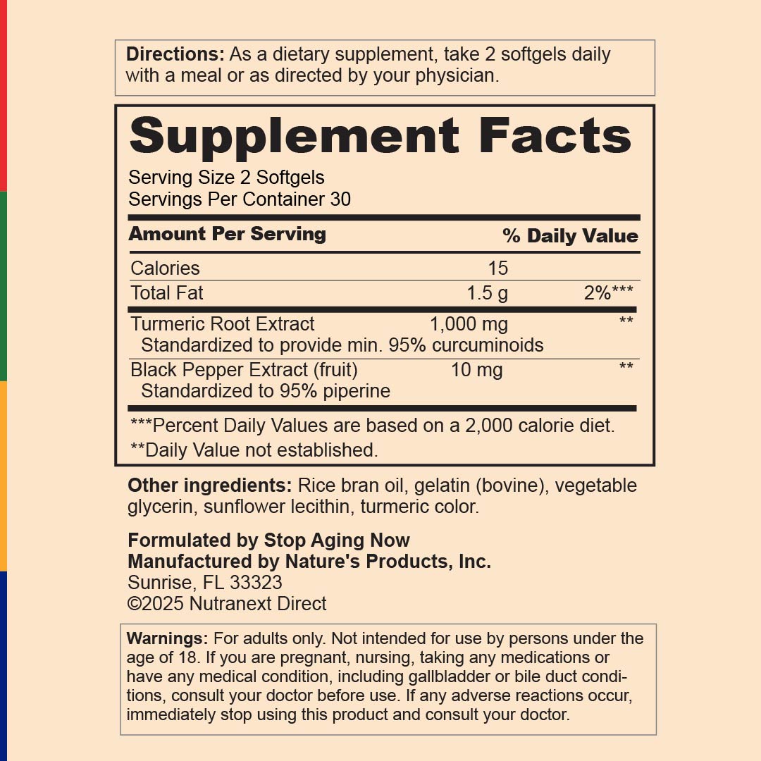 Supplement Facts for SA Curcumin 2K Formula with 60 softgels.