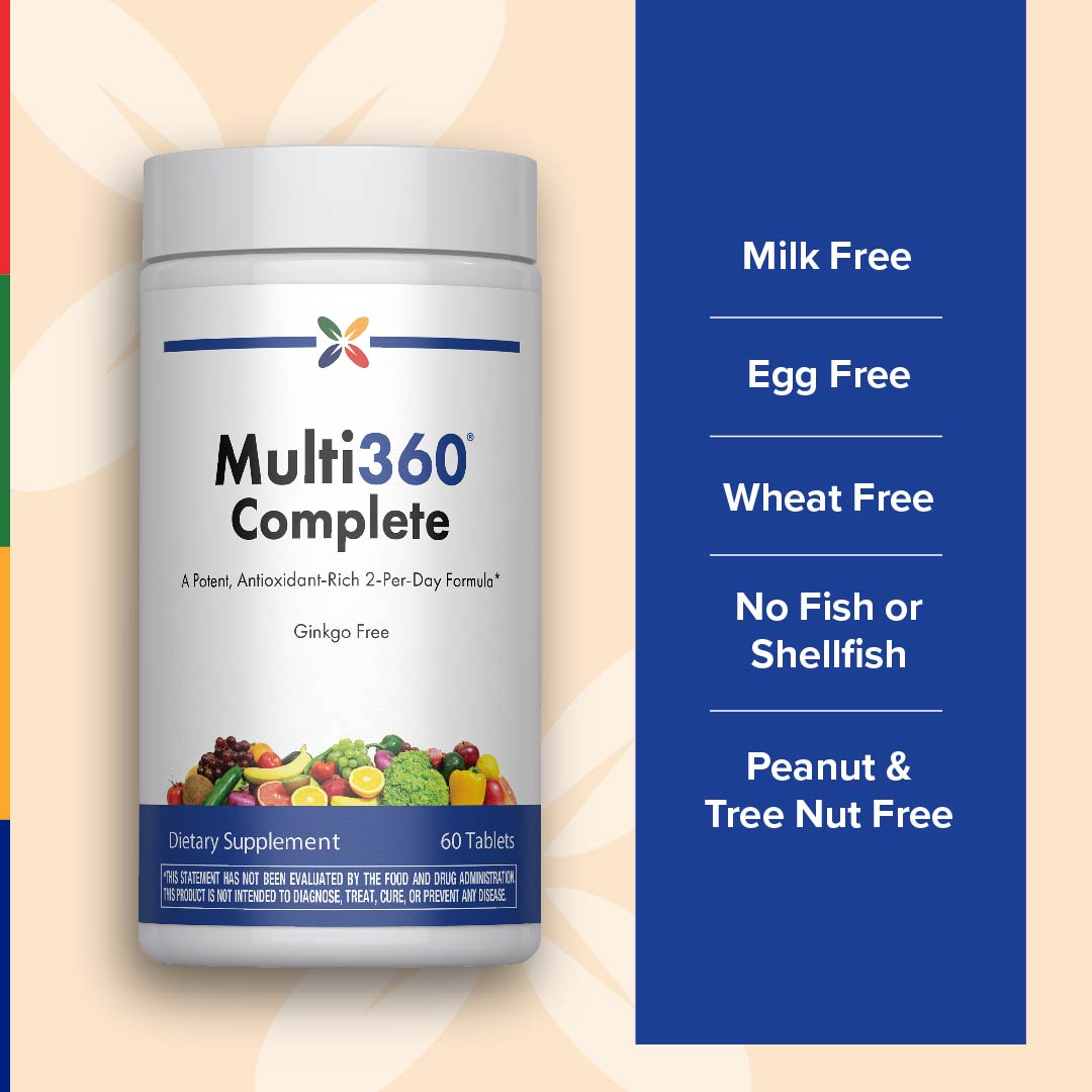 Multi 360 bottle indicating it's free from milk, eggs, wheat, fish, shellfish, peanuts, and tree nuts.