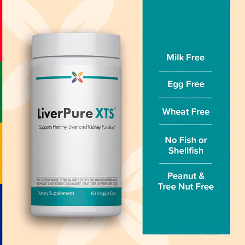 View 5 LiverPure XTS bottle: Free from milk, eggs, wheat, fish, shellfish, peanuts, and tree nuts.