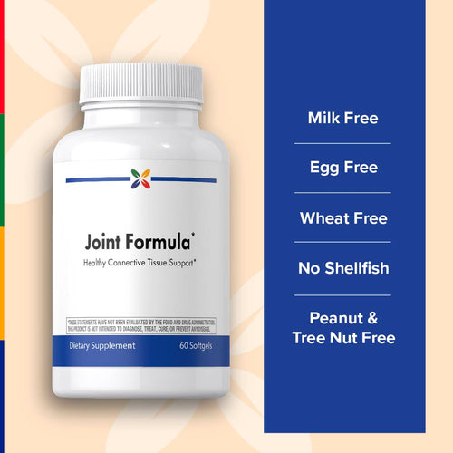 View 6 Supplement bottle labeled 'Joint Formula' with free allergen claims on a colorful background