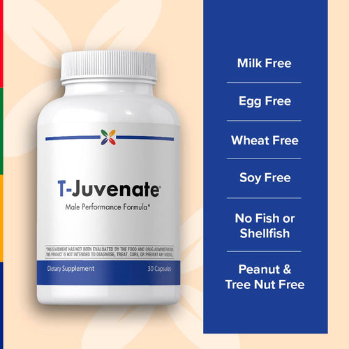 View 6 T-Juvenate dietary supplement bottle with free-from certifications on a colorful background