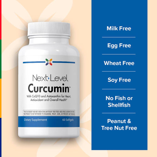 View 5 Next Level Curcumin bottle: Free from milk, eggs, wheat, soy, fish, shellfish, peanuts, and tree nuts.
