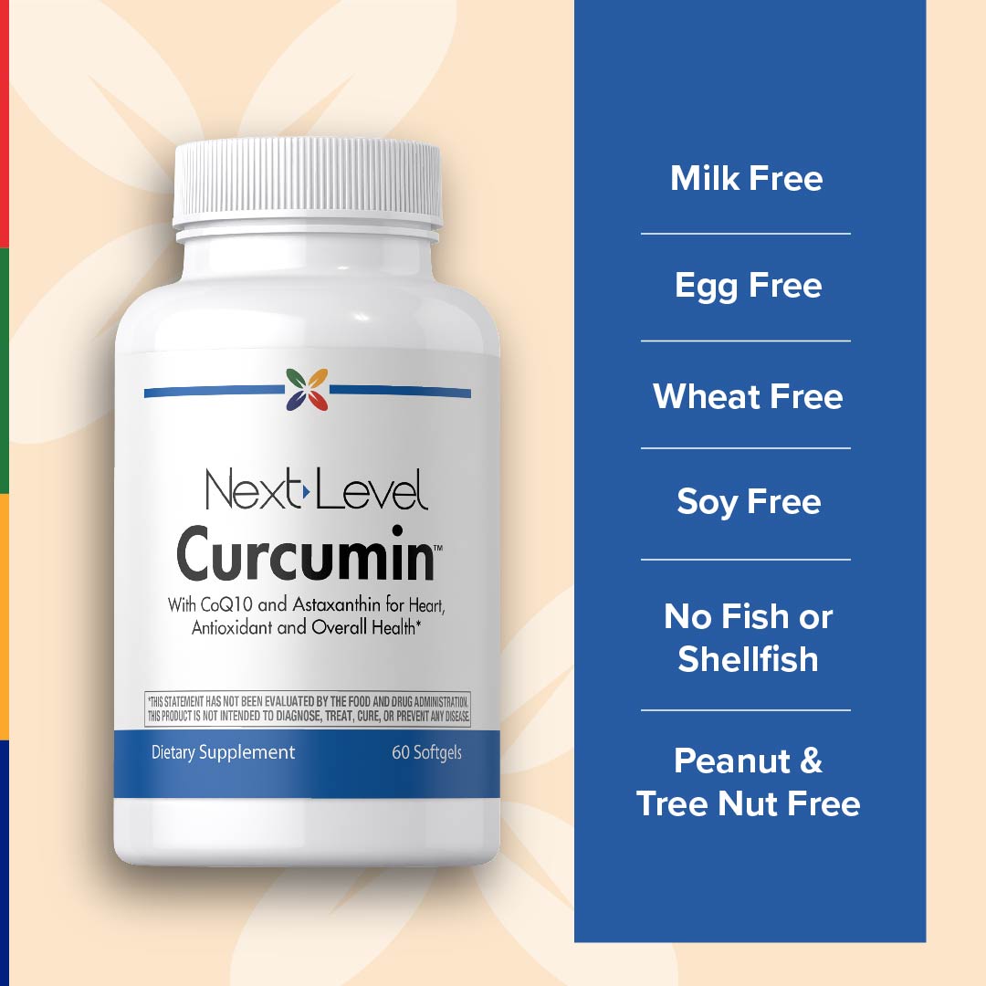 Next Level Curcumin bottle: Free from milk, eggs, wheat, soy, fish, shellfish, peanuts, and tree nuts.