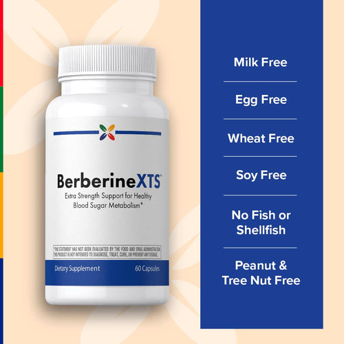 View 6 BerberineXTS dietary supplement bottle with free-from certifications on a colorful background