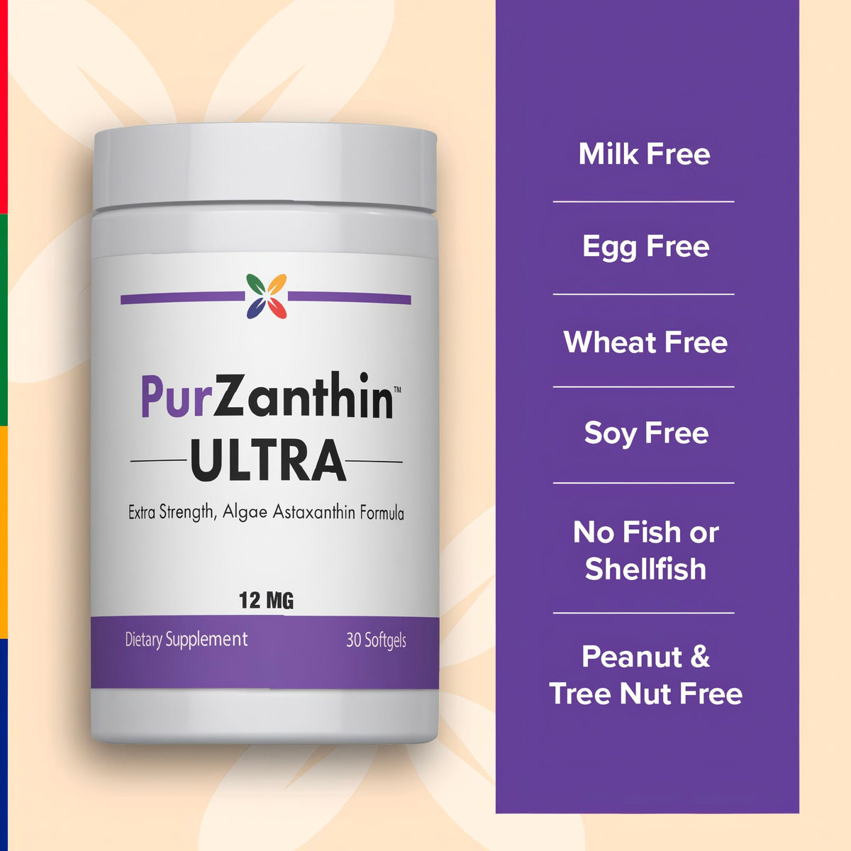 PurZanthin bottle showing it's Milk Free, Egg Free, Wheat Free, Soy Free, No Fish or Shellfish, Peanut & Tree Nut Free.