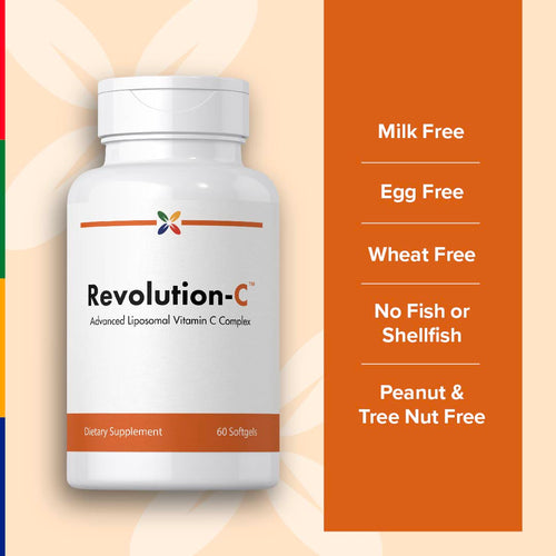 View 5 Supplement bottle labeled 'Revolution-C' with free allergen claims on an orange and beige background