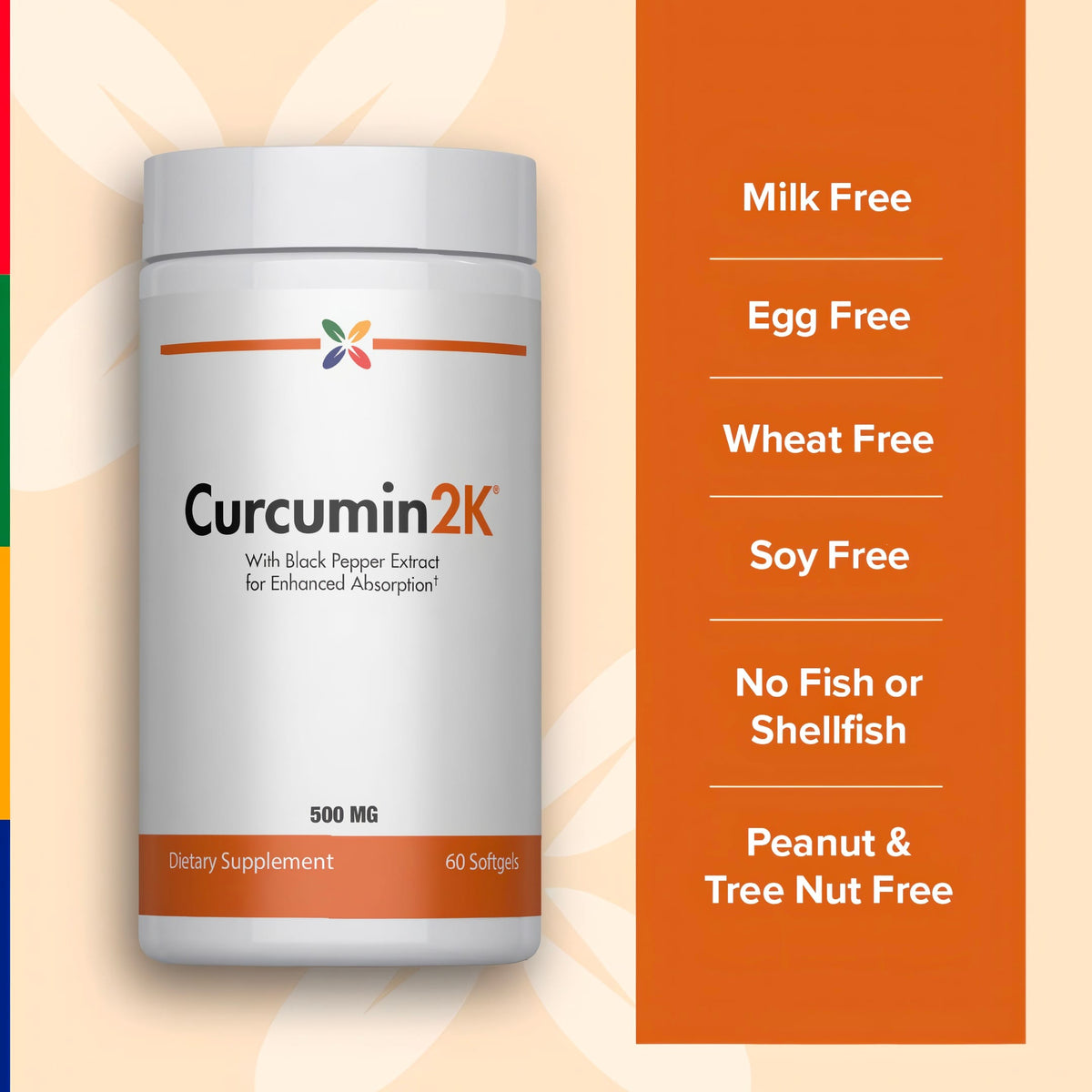 Curcumin 2K bottle with icons indicating milk free, egg free, wheat free, soy free, no fish or shellfish, peanut and tree nut free.