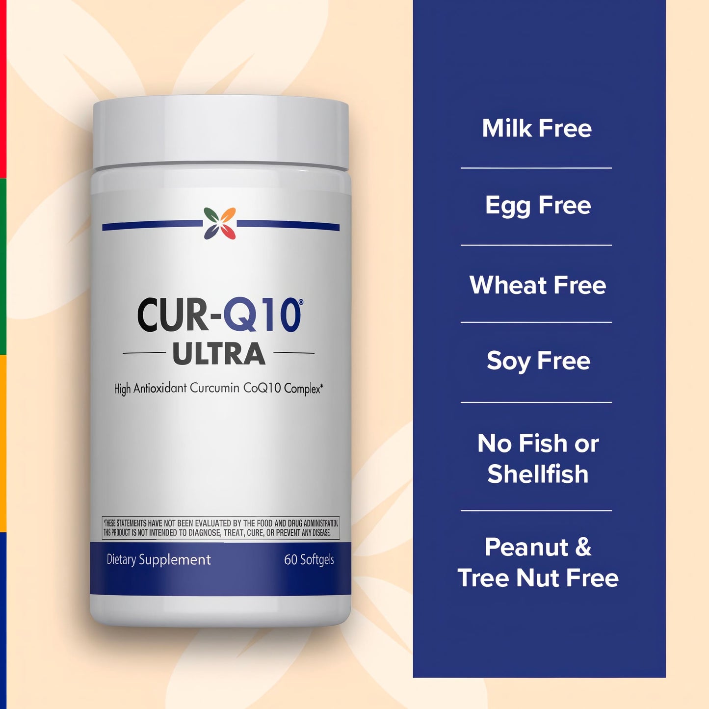 CUR-Q10 bottle: Free of milk, eggs, wheat, soy, fish, shellfish, peanuts, and tree nuts.