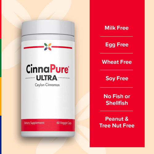 View 6 CinnaPure bottle stating it is milk free, egg free, wheat free, soy free, fish or shellfish free, and peanut & tree nut free.
