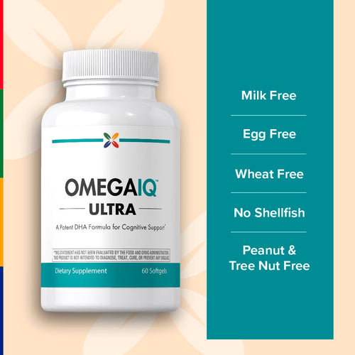 View 5 Omega IQ Ultra dietary supplement bottle with allergen-free text on a colorful background