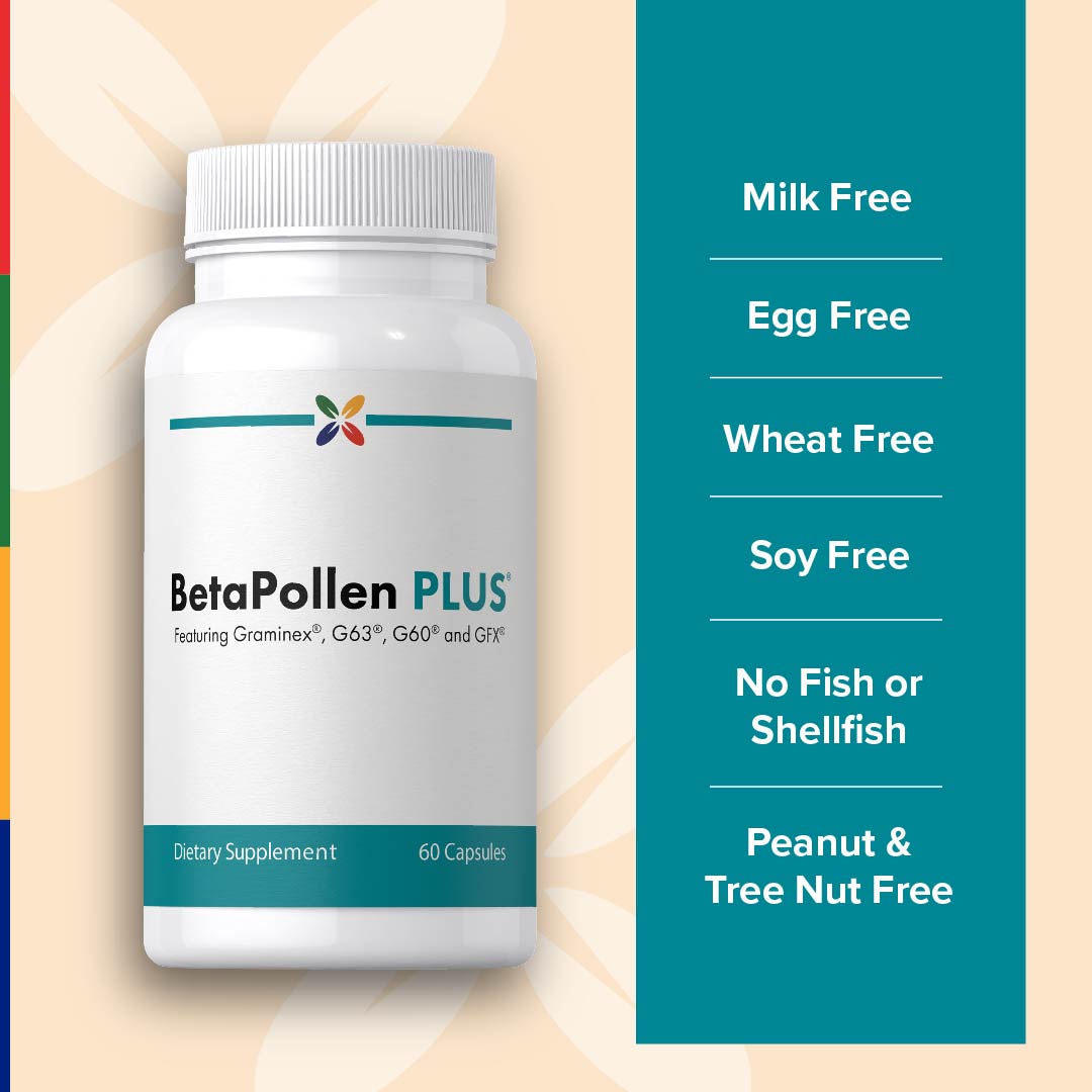 BetaPollen PLUS bottle is free from milk, eggs, wheat, soy, fish, shellfish, peanuts, and tree nuts.