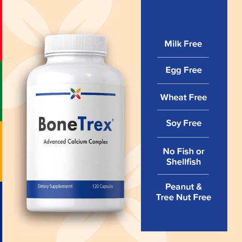 View 6 BoneTrex bottle labeled as Milk Free, Egg Free, Wheat Free, Soy Free, No Fish or Shellfish, Peanut & Tree Nut Free.