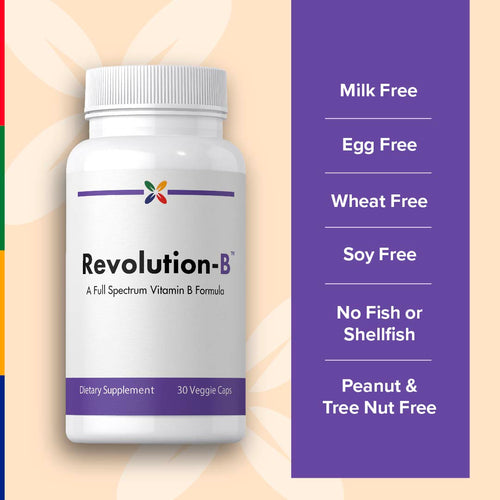 View 6 Revolution-B bottle labeled as milk, egg, wheat, soy, fish, shellfish, peanut, and tree nut free.