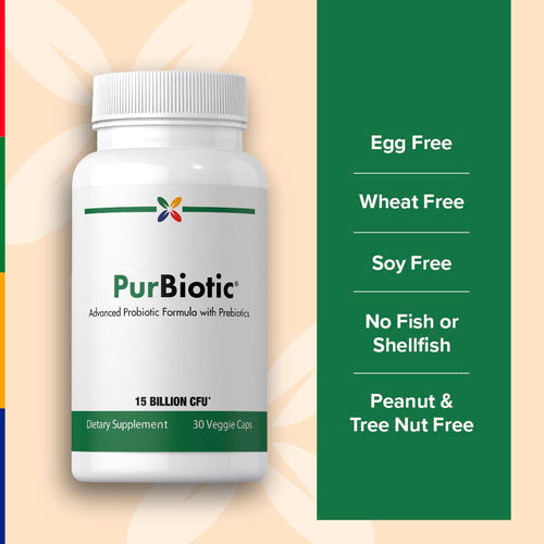 View 6 PurBiotic bottle showing it is Egg Free, Wheat Free, Soy Free, No Fish or Shellfish, and Peanut & Tree Nut Free.