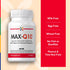 MAX-Q10 bottle indicating it is milk, egg, wheat, fish, shellfish, peanut, and tree nut free.