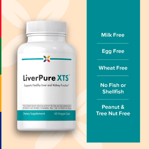 View 5 LiverPure XTS bottle: Free from milk, eggs, wheat, fish, shellfish, peanuts, and tree nuts.