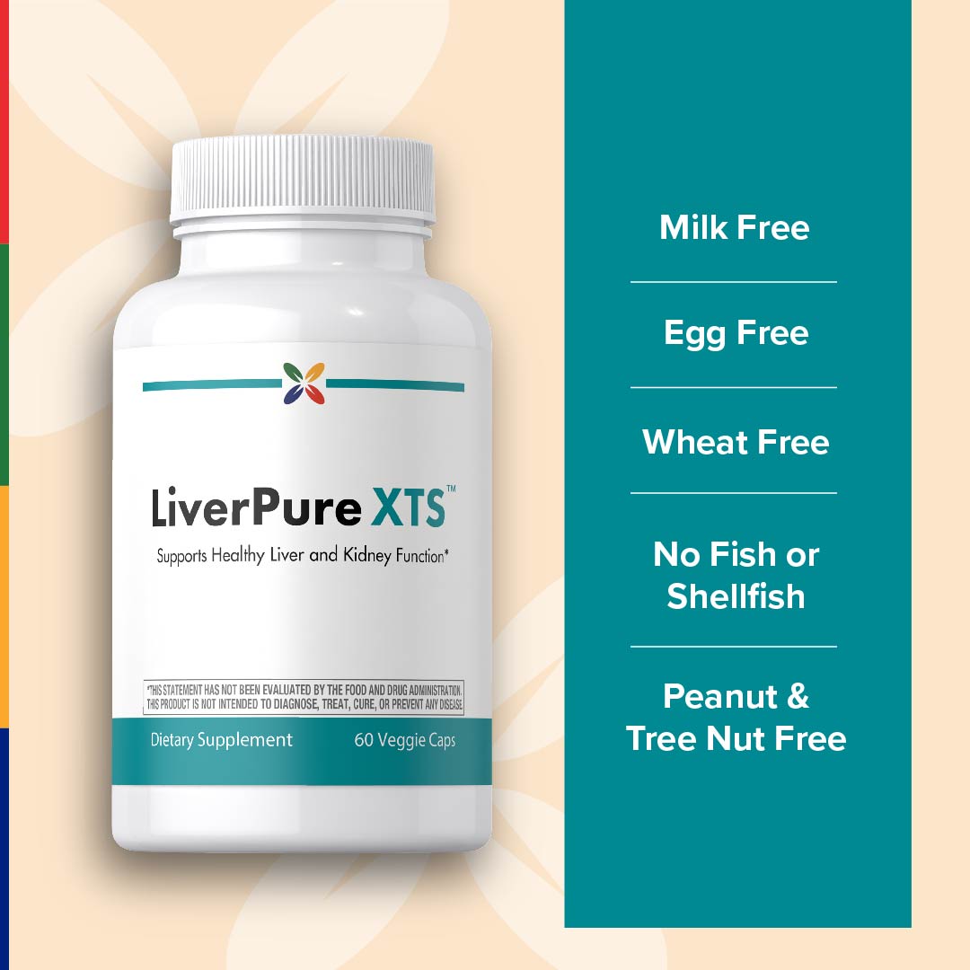 LiverPure XTS bottle: Free from milk, eggs, wheat, fish, shellfish, peanuts, and tree nuts.