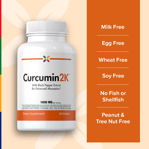View 5 Curcumin2K dietary supplement bottle with free-from labels on a colorful background