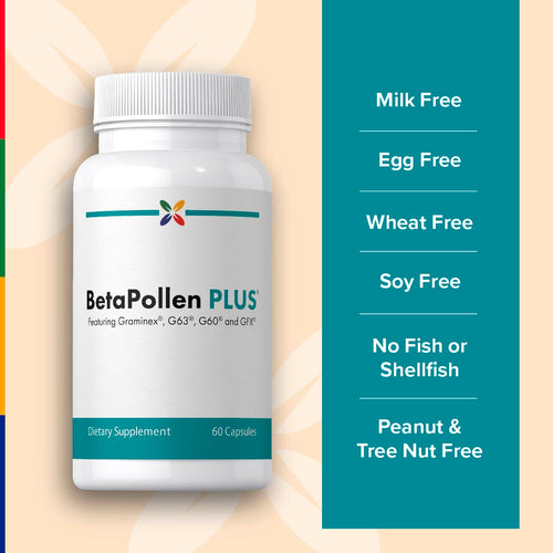 View 6 BetaPollen Plus dietary supplement bottle with free-from claims on a colorful background