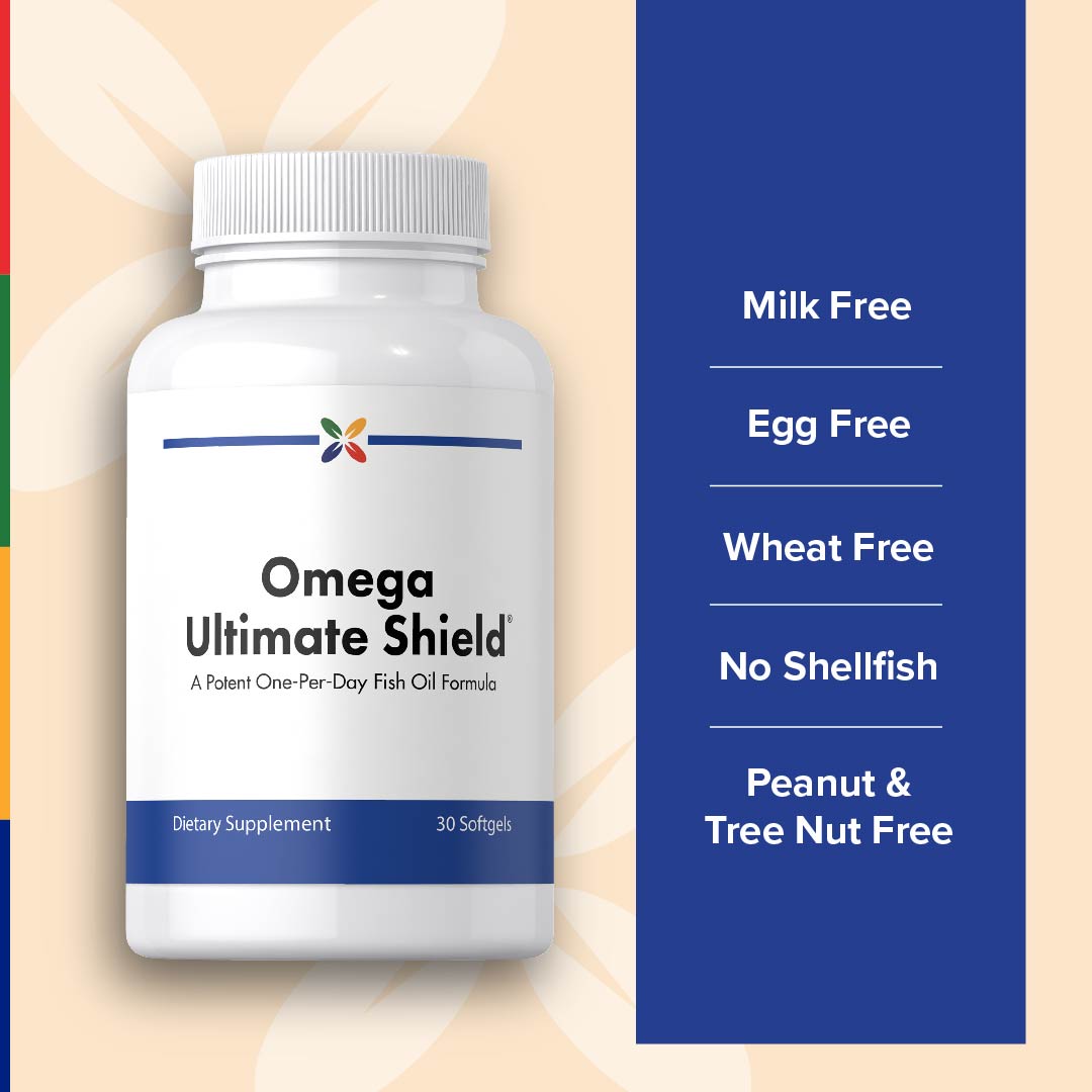 Omega Ultimate Shield bottle highlighting: Milk Free, Egg Free, Wheat Free, No Shellfish, Peanut & Tree Nut Free.