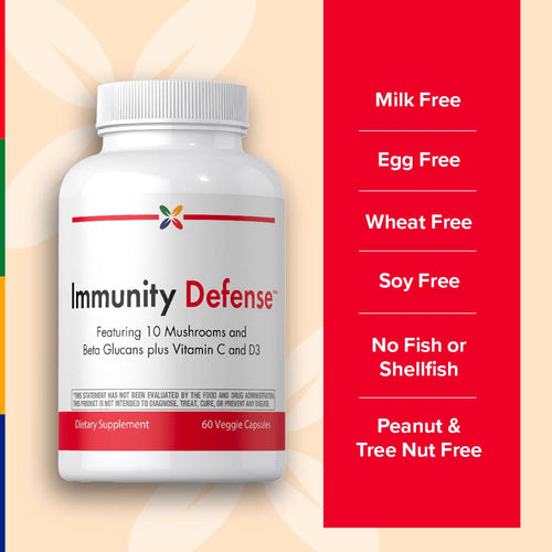 View 5 Immunity Defense supplement bottle with free-from claims on a colorful background