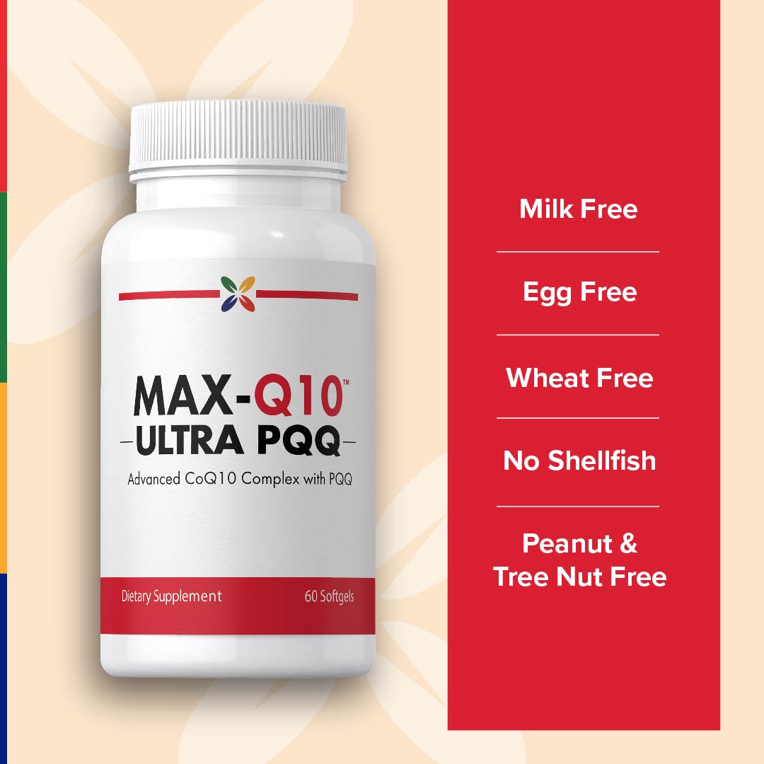 Max-Q10 bottle showing icons for being Milk Free, Egg Free, Wheat Free, No Shellfish, Peanut & Tree Nut Free.