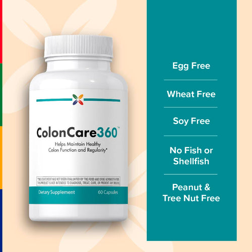 View 6 ColonCare 360 bottle is egg, wheat, soy, fish, shellfish, peanut, and tree nut free.