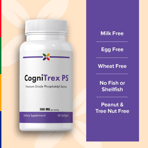 View 5 CogniTrex PS dietary supplement bottle with free allergen information on a colorful background