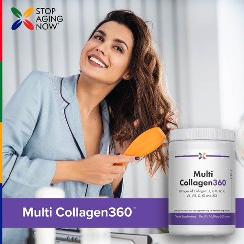 View 7 Woman brushing her hair with a bottle of Multi Collagen360 in front of a white curtain.