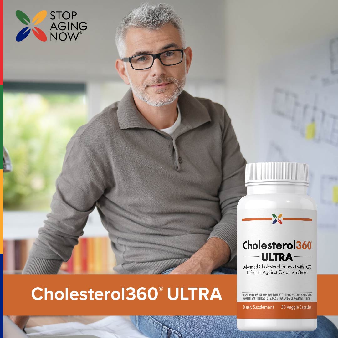 Middle-aged man seated with a Cholesterol360 ULTRA bottle, looking at the viewer.