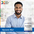 A bearded man smiles while standing next to a Dynamic Man bottle, reflecting a happy lifestyle.