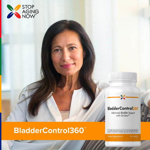 View 8 A middle-aged woman smiles next to a BladderControl360 bottle.