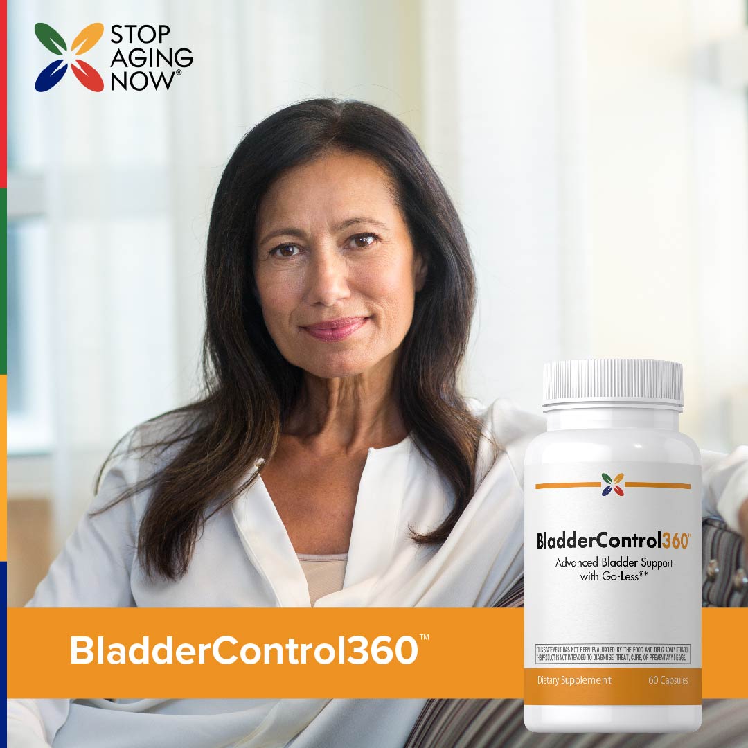 A middle-aged woman smiles next to a BladderControl360 bottle.